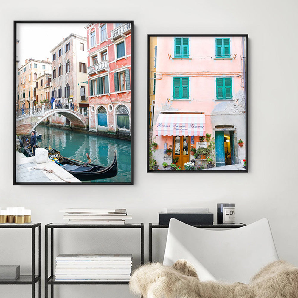 Italian Pastel Getaway in Cinque Terre - Art Print by Victoria's Stories, Poster, Stretched Canvas or Framed Wall Art, shown framed in a home interior space