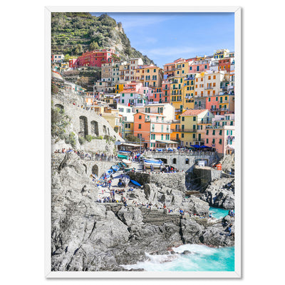 Cinque Terre Italian Coast | Village - Art Print by Victoria's Stories, Poster, Stretched Canvas, or Framed Wall Art Print, shown in a white frame