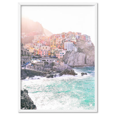 Cinque Terre Italian Coast | Sunrise - Art Print by Victoria's Stories, Poster, Stretched Canvas, or Framed Wall Art Print, shown in a white frame