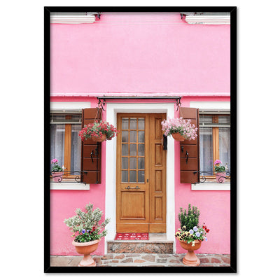 Pink Villa Burano Italy - Art Print by Victoria's Stories, Poster, Stretched Canvas, or Framed Wall Art Print, shown in a black frame