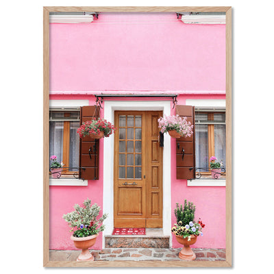 Pink Villa Burano Italy - Art Print by Victoria's Stories, Poster, Stretched Canvas, or Framed Wall Art Print, shown in a natural timber frame