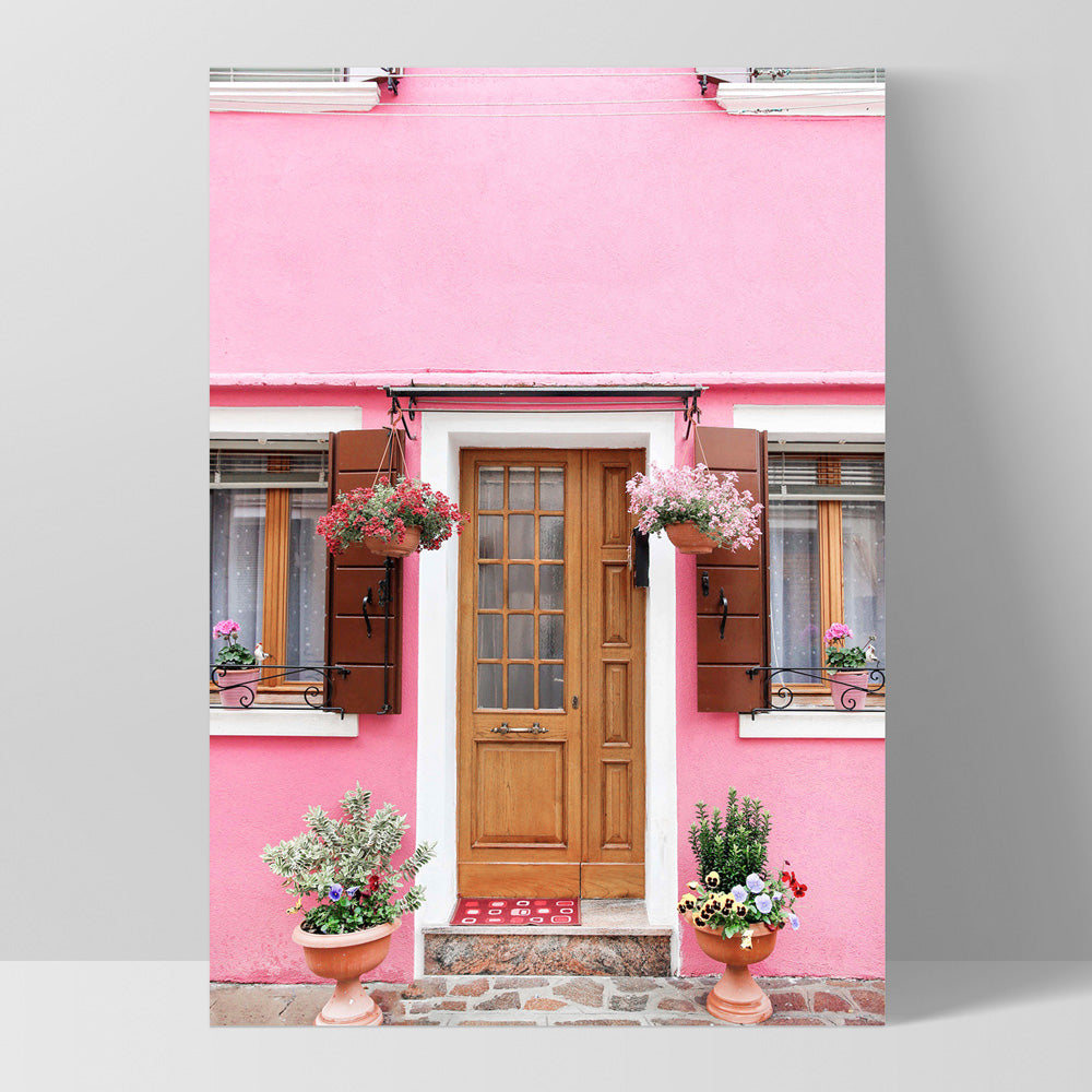 Pink Villa Burano Italy - Art Print by Victoria's Stories, Poster, Stretched Canvas, or Framed Wall Art Print, shown as a stretched canvas or poster without a frame
