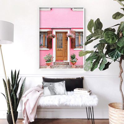 Pink Villa Burano Italy - Art Print by Victoria's Stories, Poster, Stretched Canvas or Framed Wall Art, shown framed in a room