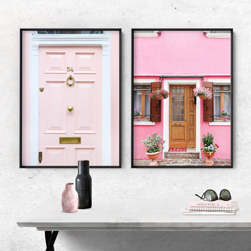 Pink Villa Burano Italy - Art Print by Victoria's Stories, Poster, Stretched Canvas or Framed Wall Art, shown framed in a home interior space