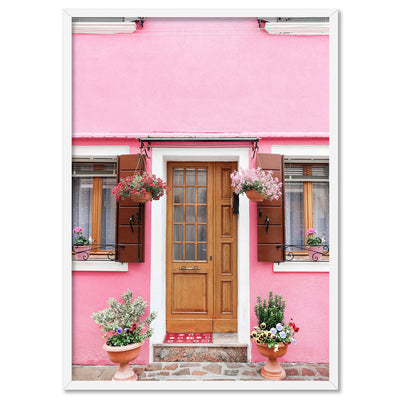 Pink Villa Burano Italy - Art Print by Victoria's Stories, Poster, Stretched Canvas, or Framed Wall Art Print, shown in a white frame