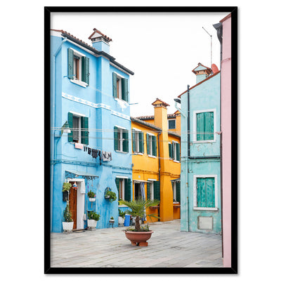 Burano Village Terraces I - Art Print by Victoria's Stories, Poster, Stretched Canvas, or Framed Wall Art Print, shown in a black frame