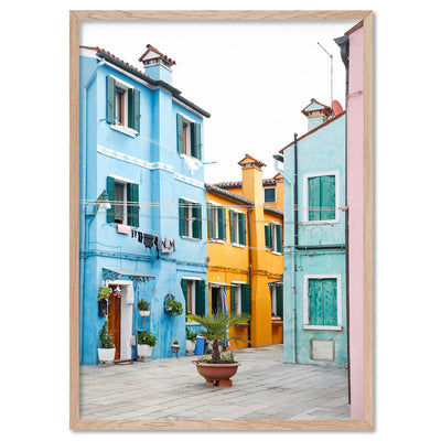 Burano Village Terraces I - Art Print by Victoria's Stories, Poster, Stretched Canvas, or Framed Wall Art Print, shown in a natural timber frame