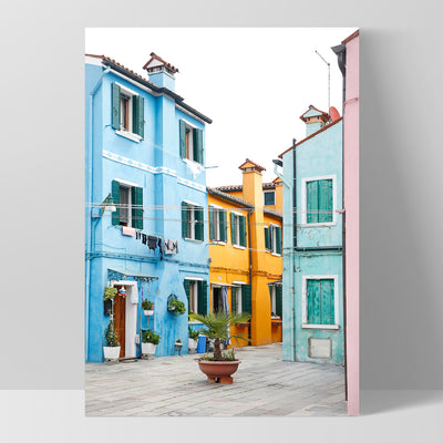Burano Village Terraces I - Art Print by Victoria's Stories, Poster, Stretched Canvas, or Framed Wall Art Print, shown as a stretched canvas or poster without a frame