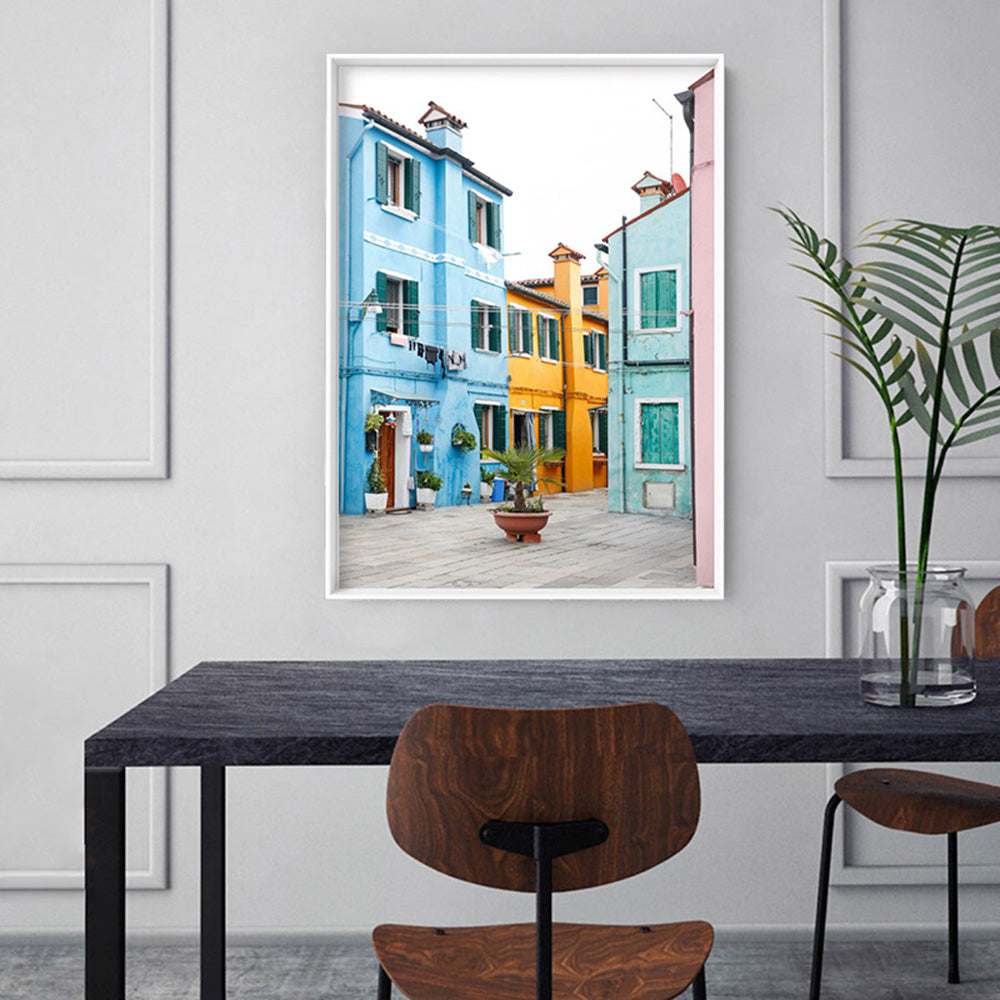 Burano Village Terraces I - Art Print by Victoria's Stories, Poster, Stretched Canvas or Framed Wall Art, shown framed in a room