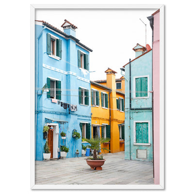 Burano Village Terraces I - Art Print by Victoria's Stories, Poster, Stretched Canvas, or Framed Wall Art Print, shown in a white frame