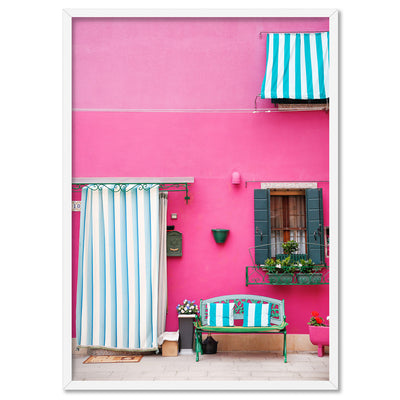 Pink Pop Terrace Burano - Art Print by Victoria's Stories, Poster, Stretched Canvas, or Framed Wall Art Print, shown in a white frame