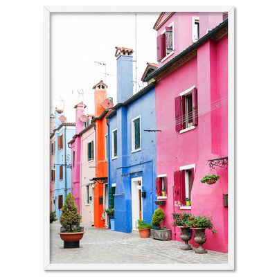 Burano Village Terraces II - Art Print by Victoria's Stories, Poster, Stretched Canvas, or Framed Wall Art Print, shown in a white frame