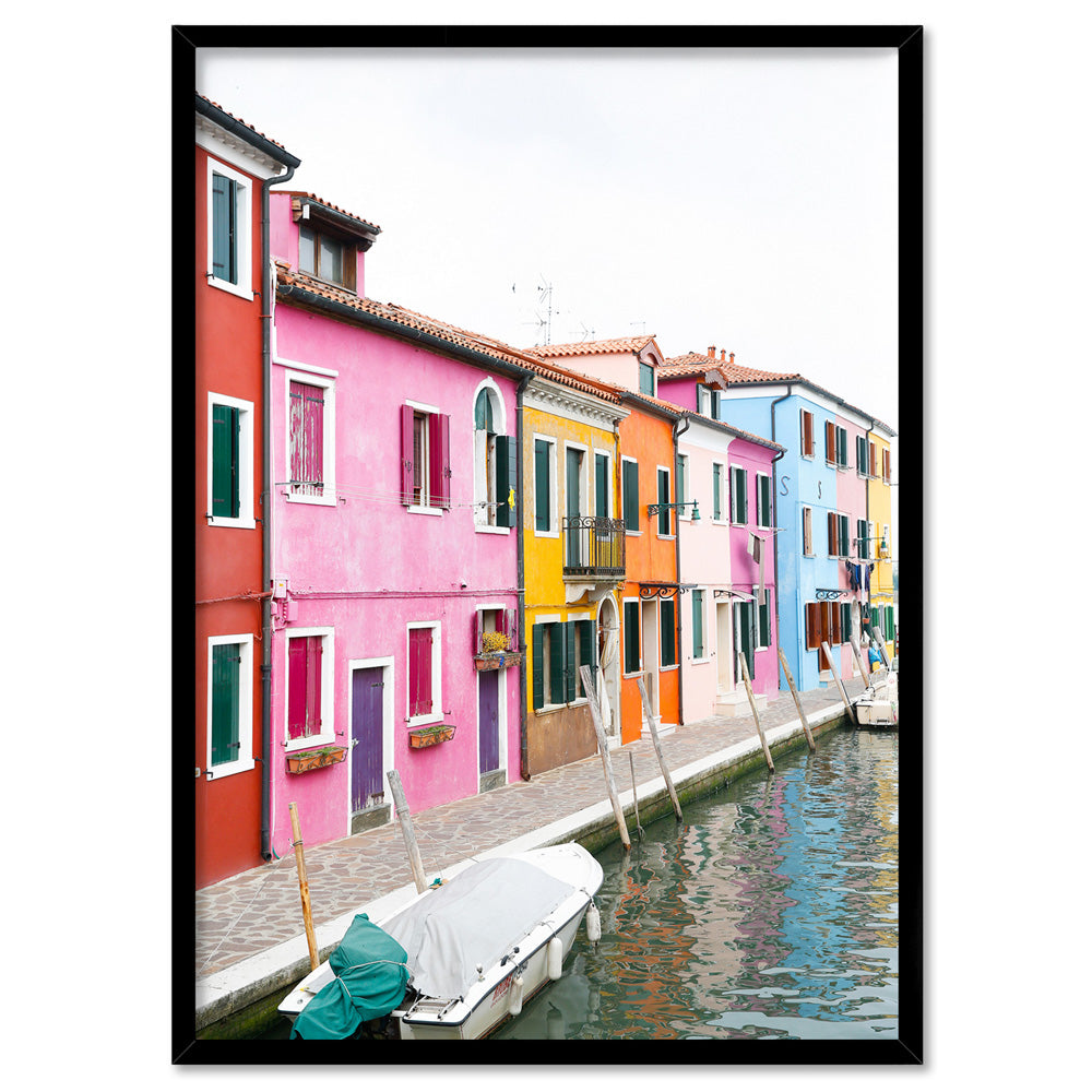 Burano Village Terraces III - Art Print by Victoria's Stories, Poster, Stretched Canvas, or Framed Wall Art Print, shown in a black frame