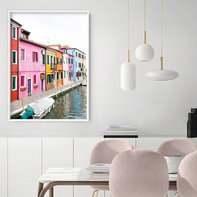 Burano Village Terraces III - Art Print by Victoria's Stories, Poster, Stretched Canvas or Framed Wall Art, shown framed in a room