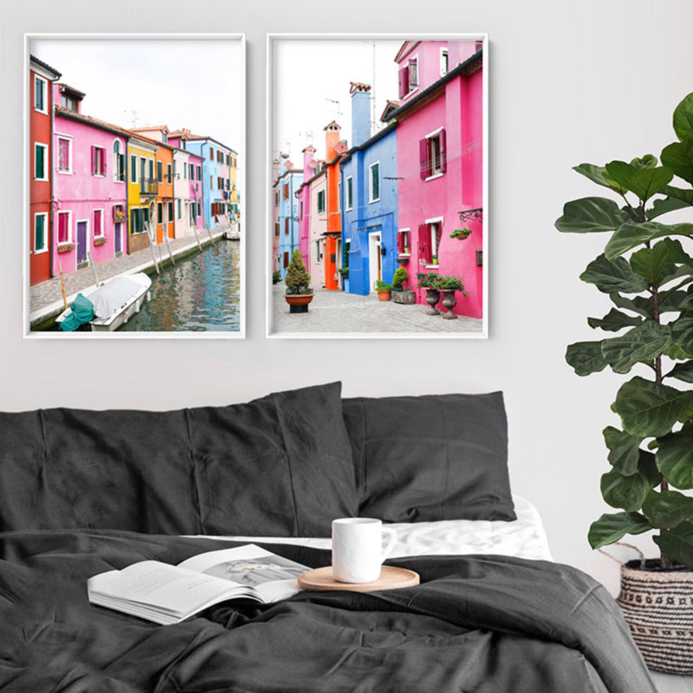 Burano Village Terraces III - Art Print by Victoria's Stories, Poster, Stretched Canvas or Framed Wall Art, shown framed in a home interior space