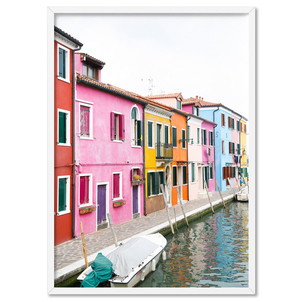 Burano Village Terraces III - Art Print by Victoria's Stories, Poster, Stretched Canvas, or Framed Wall Art Print, shown in a white frame