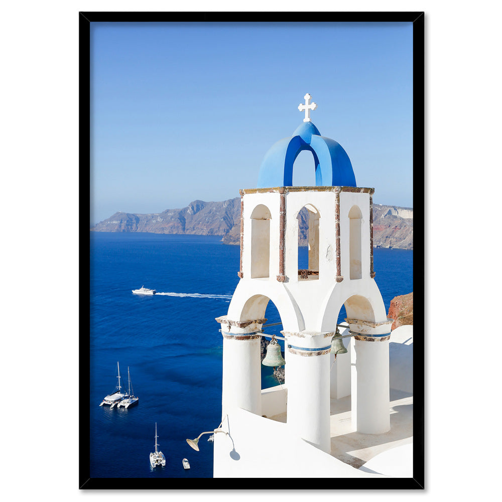 Santorini Blue Dome Church I - Art Print by Victoria's Stories, Poster, Stretched Canvas, or Framed Wall Art Print, shown in a black frame