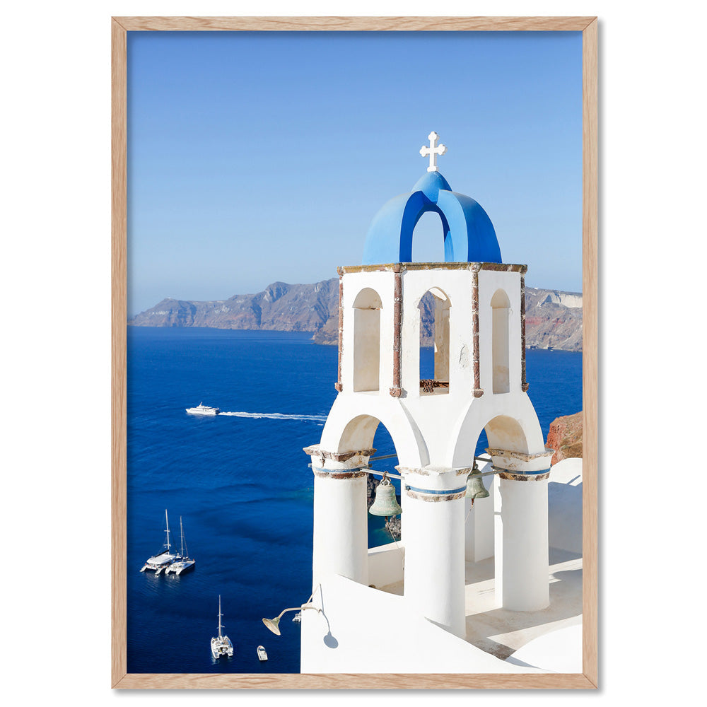 Santorini Blue Dome Church I - Art Print by Victoria's Stories, Poster, Stretched Canvas, or Framed Wall Art Print, shown in a natural timber frame