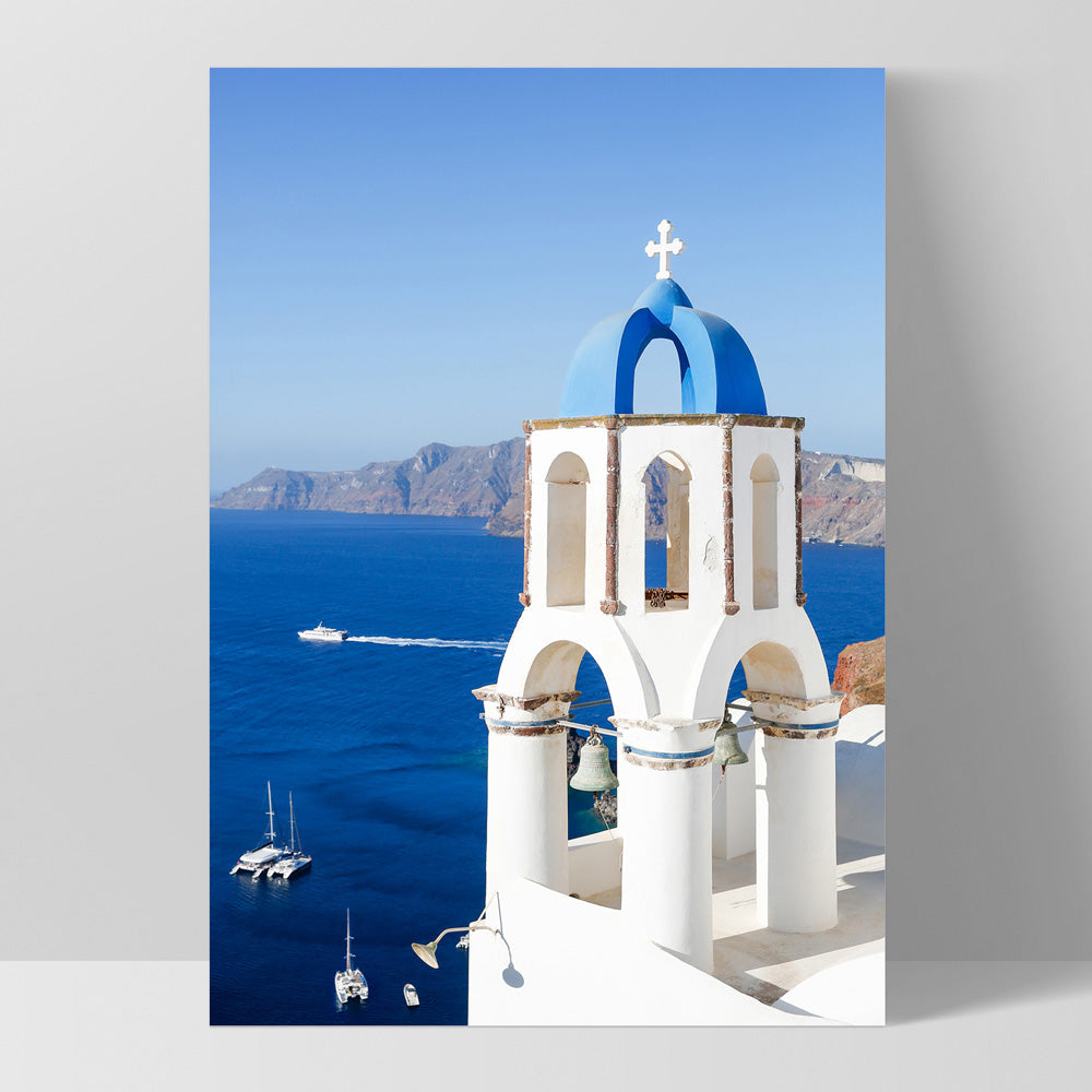 Santorini Blue Dome Church I - Art Print by Victoria's Stories, Poster, Stretched Canvas, or Framed Wall Art Print, shown as a stretched canvas or poster without a frame