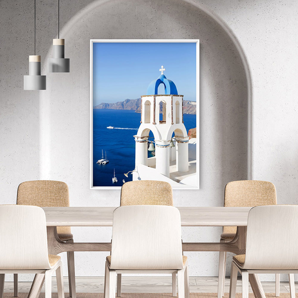 Santorini Blue Dome Church I - Art Print by Victoria's Stories, Poster, Stretched Canvas or Framed Wall Art, shown framed in a room