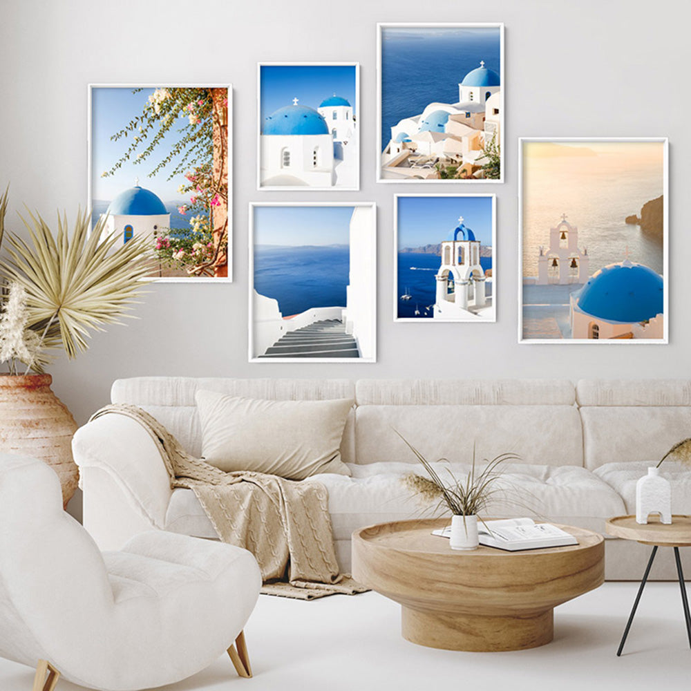 Santorini Blue Dome Church I - Art Print by Victoria's Stories, Poster, Stretched Canvas or Framed Wall Art, shown framed in a home interior space