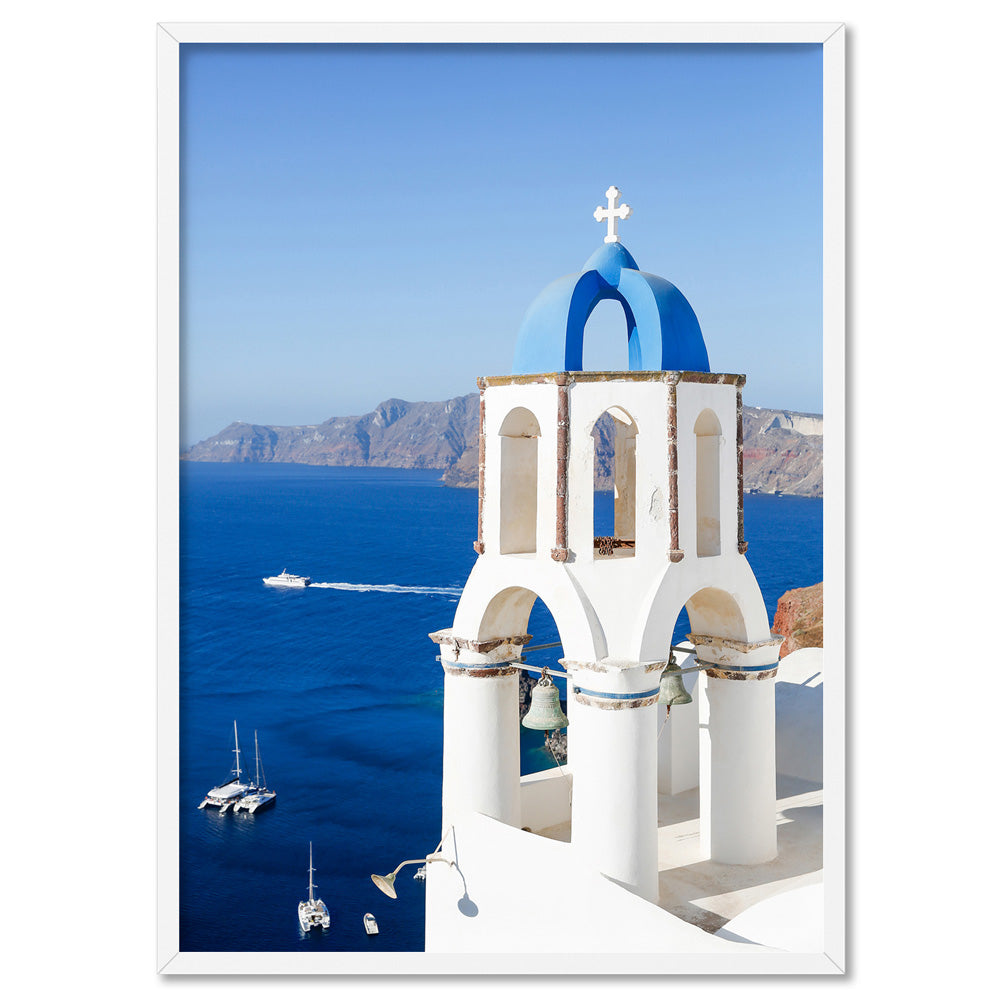 Santorini Blue Dome Church I - Art Print by Victoria's Stories, Poster, Stretched Canvas, or Framed Wall Art Print, shown in a white frame