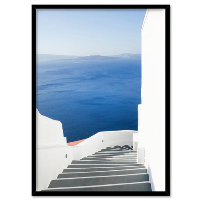 Santorini | Stairway to Ocean - Art Print by Victoria's Stories, Poster, Stretched Canvas, or Framed Wall Art Print, shown in a black frame