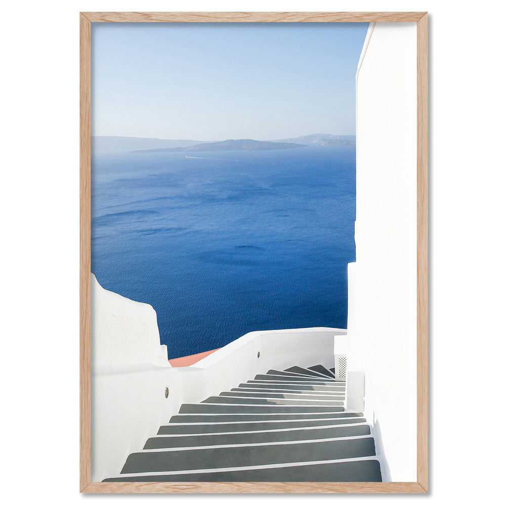 Santorini | Stairway to Ocean - Art Print by Victoria's Stories, Poster, Stretched Canvas, or Framed Wall Art Print, shown in a natural timber frame
