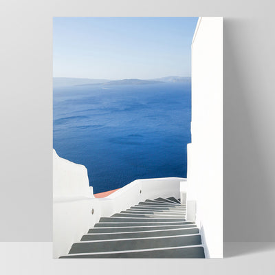 Santorini | Stairway to Ocean - Art Print by Victoria's Stories, Poster, Stretched Canvas, or Framed Wall Art Print, shown as a stretched canvas or poster without a frame