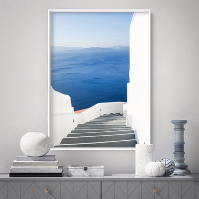 Santorini | Stairway to Ocean - Art Print by Victoria's Stories, Poster, Stretched Canvas or Framed Wall Art, shown framed in a room