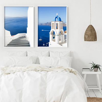Santorini | Stairway to Ocean - Art Print by Victoria's Stories, Poster, Stretched Canvas or Framed Wall Art, shown framed in a home interior space