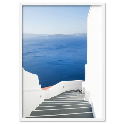 Santorini | Stairway to Ocean - Art Print by Victoria's Stories, Poster, Stretched Canvas, or Framed Wall Art Print, shown in a white frame