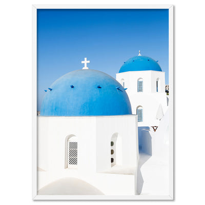Santorini Blue Dome Church II - Art Print by Victoria's Stories, Poster, Stretched Canvas, or Framed Wall Art Print, shown in a white frame