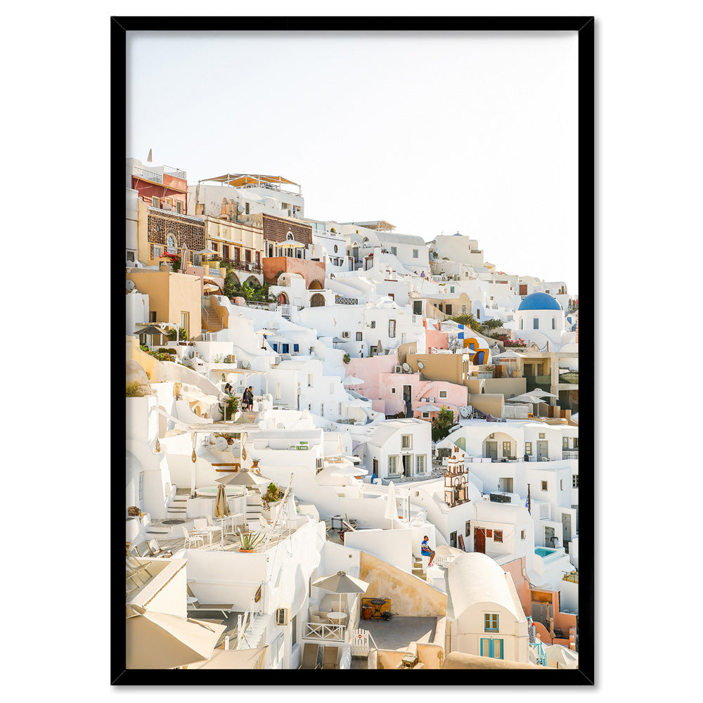 Pastel Santorini View I - Art Print by Victoria's Stories, Poster, Stretched Canvas, or Framed Wall Art Print, shown in a black frame