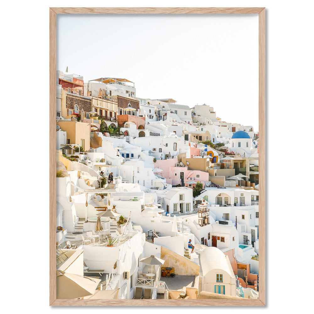 Pastel Santorini View I - Art Print by Victoria's Stories, Poster, Stretched Canvas, or Framed Wall Art Print, shown in a natural timber frame