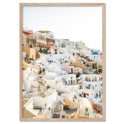 Pastel Santorini View I - Art Print by Victoria's Stories, Poster, Stretched Canvas, or Framed Wall Art Print, shown in a natural timber frame