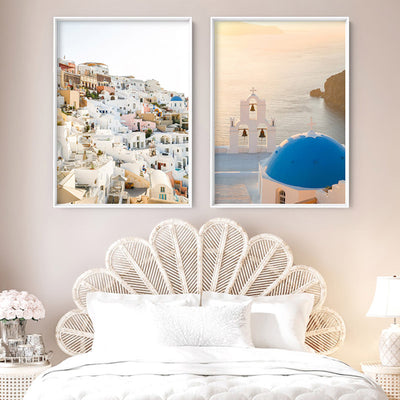 Pastel Santorini View I - Art Print by Victoria's Stories, Poster, Stretched Canvas or Framed Wall Art, shown framed in a home interior space