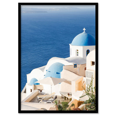 Santorini Greece View I - Art Print by Victoria's Stories, Poster, Stretched Canvas, or Framed Wall Art Print, shown in a black frame