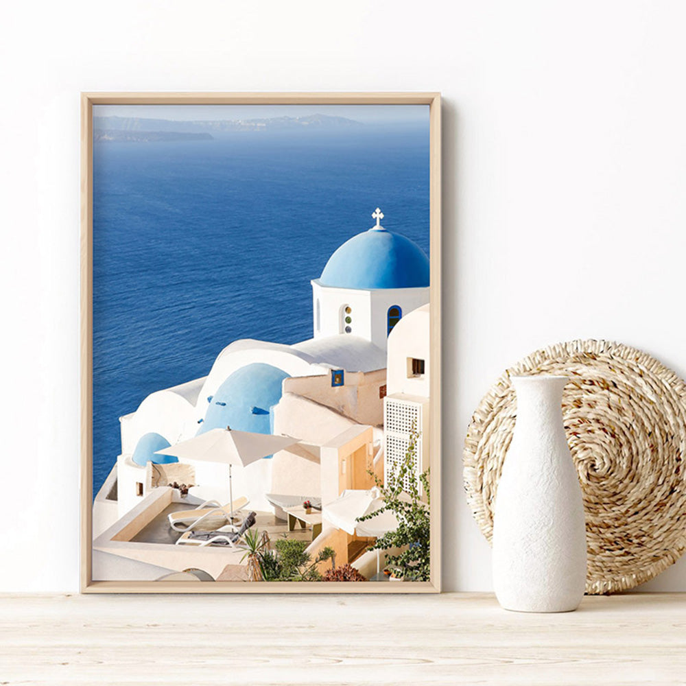 Santorini Greece View I - Art Print by Victoria's Stories, Poster, Stretched Canvas or Framed Wall Art, shown framed in a room