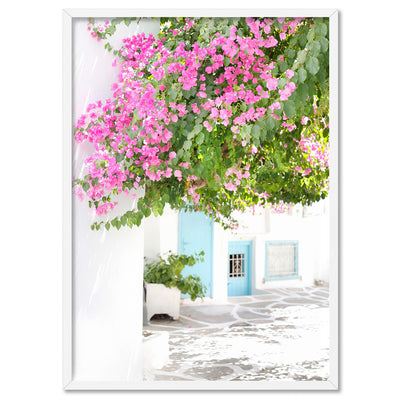 Pastel Door in Greece I - Art Print by Victoria's Stories, Poster, Stretched Canvas, or Framed Wall Art Print, shown in a white frame