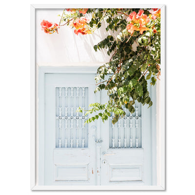 Pastel Door in Greece II - Art Print by Victoria's Stories, Poster, Stretched Canvas, or Framed Wall Art Print, shown in a white frame