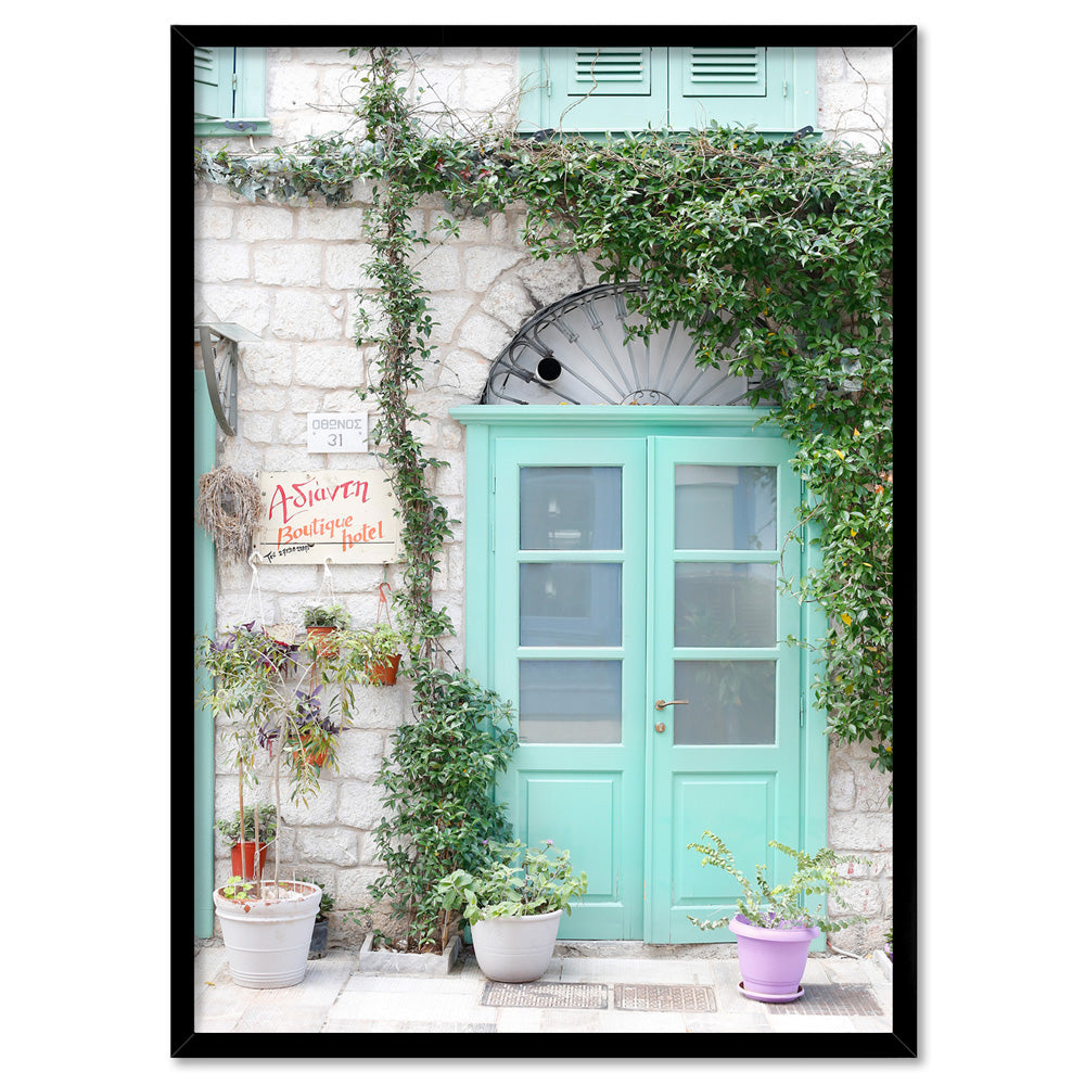 Pastel Door in Greece III - Art Print by Victoria's Stories, Poster, Stretched Canvas, or Framed Wall Art Print, shown in a black frame