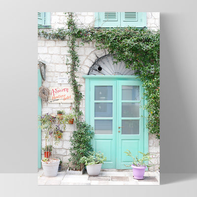 Pastel Door in Greece III - Art Print by Victoria's Stories, Poster, Stretched Canvas, or Framed Wall Art Print, shown as a stretched canvas or poster without a frame