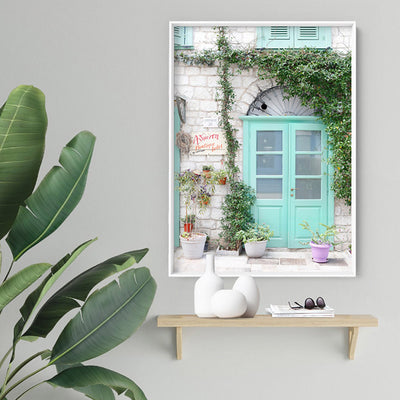 Pastel Door in Greece III - Art Print by Victoria's Stories, Poster, Stretched Canvas or Framed Wall Art, shown framed in a room