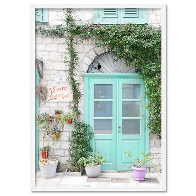 Pastel Door in Greece III - Art Print by Victoria's Stories, Poster, Stretched Canvas, or Framed Wall Art Print, shown in a white frame