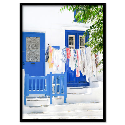 Blue Terrace Washing Santorini - Art Print by Victoria's Stories, Poster, Stretched Canvas, or Framed Wall Art Print, shown in a black frame