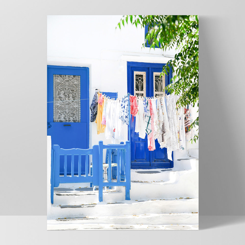 Blue Terrace Washing Santorini - Art Print by Victoria's Stories, Poster, Stretched Canvas, or Framed Wall Art Print, shown as a stretched canvas or poster without a frame