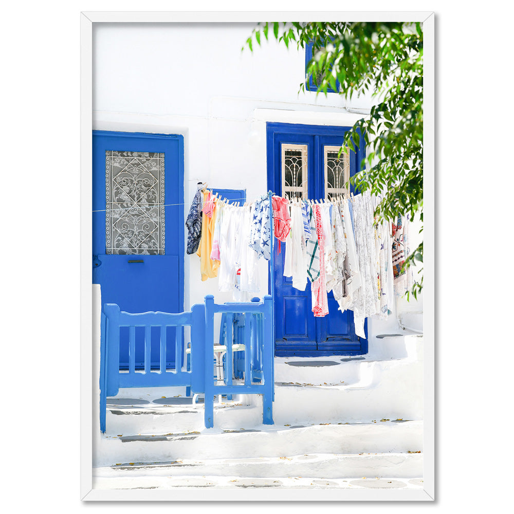 Blue Terrace Washing Santorini - Art Print by Victoria's Stories, Poster, Stretched Canvas, or Framed Wall Art Print, shown in a white frame