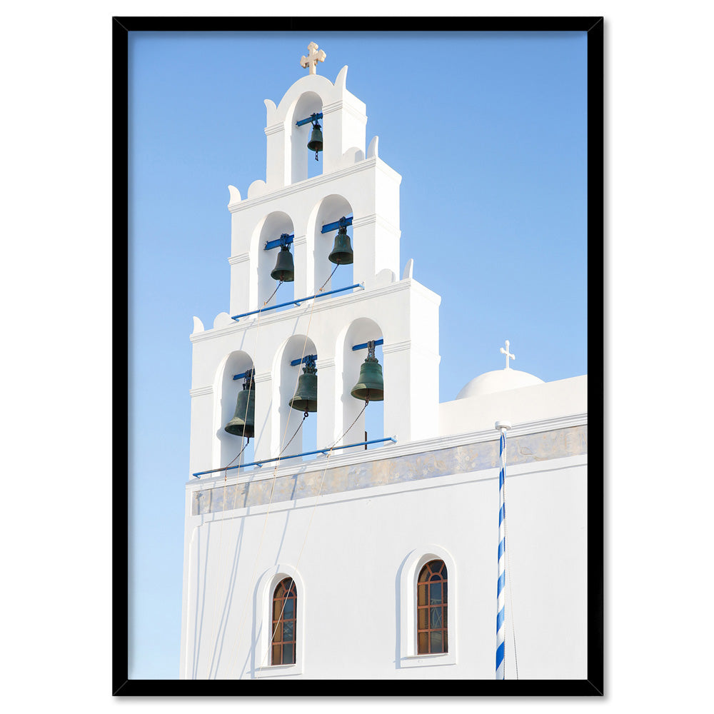 Santorini Blue Dome Church Bells - Art Print by Victoria's Stories, Poster, Stretched Canvas, or Framed Wall Art Print, shown in a black frame