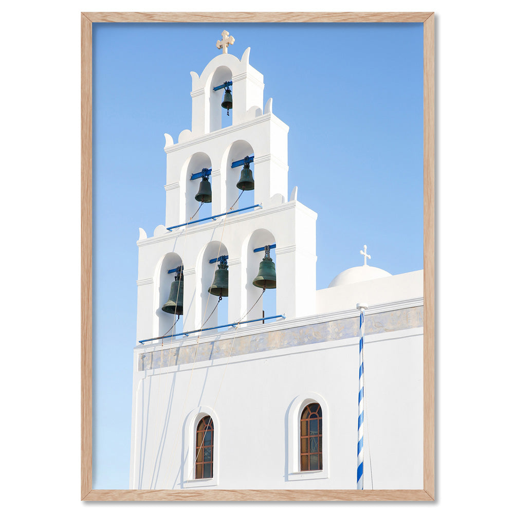 Santorini Blue Dome Church Bells - Art Print by Victoria's Stories, Poster, Stretched Canvas, or Framed Wall Art Print, shown in a natural timber frame